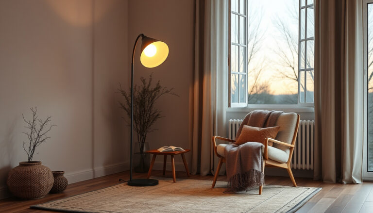 Kodikainen olohuoneen nurkka, jossa lattialla seisoo puulamellinen design-lattiavalaisin lämpimänä hehkuvana iltavalossa.