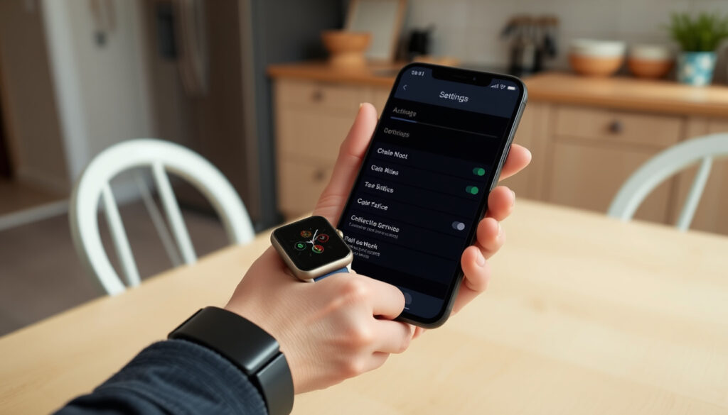 Puhelinnyt henkilö aktivoi älykellon mobiiliyhteyttä puhelimen apista keittiön pöydän ääressä.