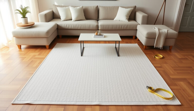 Kodikointeriööri, jossa 140x200 cm kokoinen suorakaidematto on lattialla sohvaryhmän alla, viereen on teipattu mittanauha ja lattialla on teippi­merkintöjä mitoituksen tukena.
