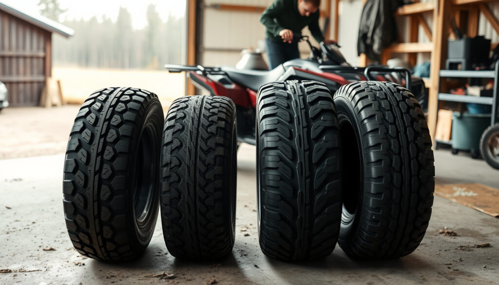 ATV-renkaat varastohyllyllä vieressä mönkijä, jonka omistaja tarkistaa rengastyynyn kylkimerkintää ennen ostosta.